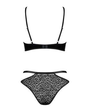 Еротичний комплект під латекс зі стрепами Obsessive Bagirela 2-pcs set S/M, чорний, під леопард, бюс SO7219 фото