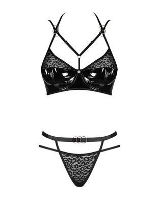 Еротичний комплект під латекс зі стрепами Obsessive Bagirela 2-pcs set L/XL, чорний, під леопард, бю SO7220 фото