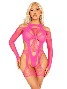 Бодістокінг Leg Avenue Fishnet Garter Harness and Teddy One Size Neon Pink SX2770 фото