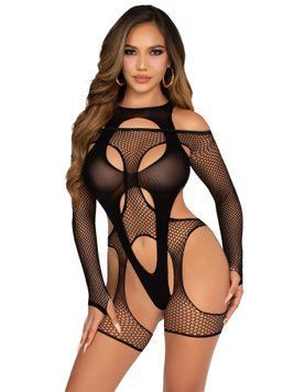Бодістокінг Leg Avenue Fishnet Garter Harness and Teddy One Size Black SX2771 фото
