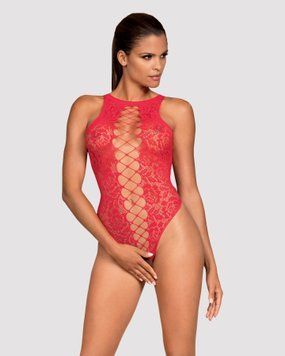 Ажурний бодістокінг із ефектом шнурівки Obsessive B120 teddy red S/M/L, червоний SO7208 фото